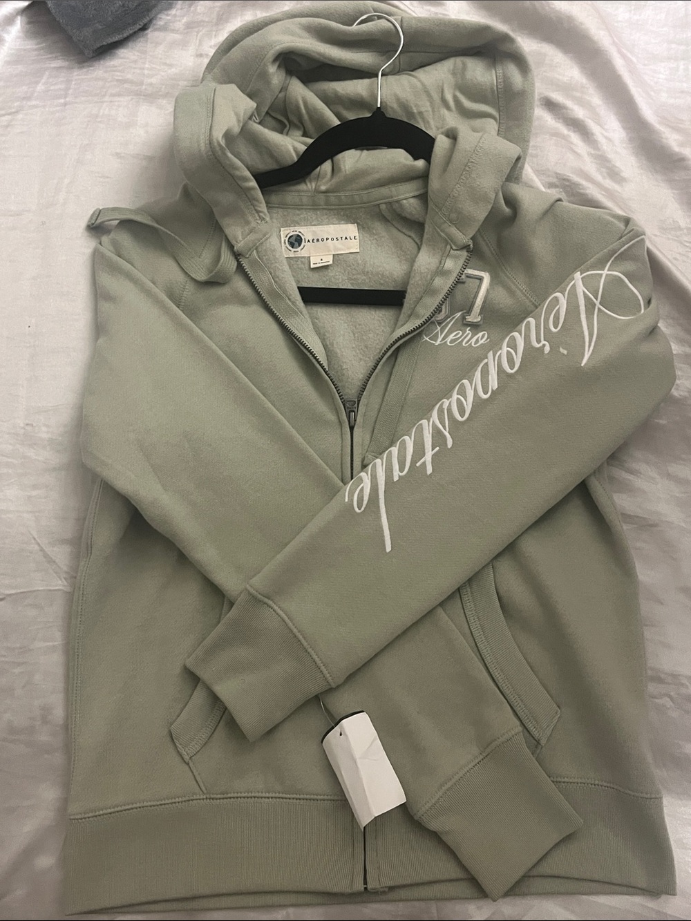 Aeropostale Sage Green Zip-Up Hoodie with Sleeve Script